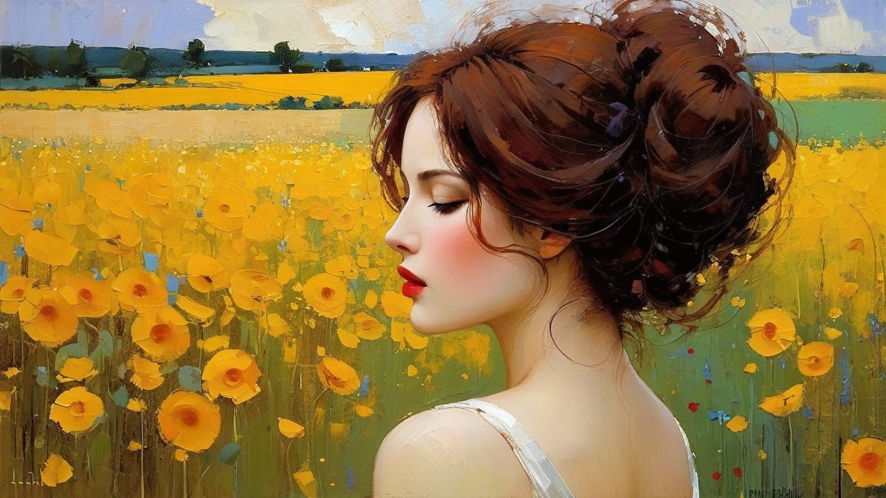 Dreamy Portrait of a Woman in a Flower Field