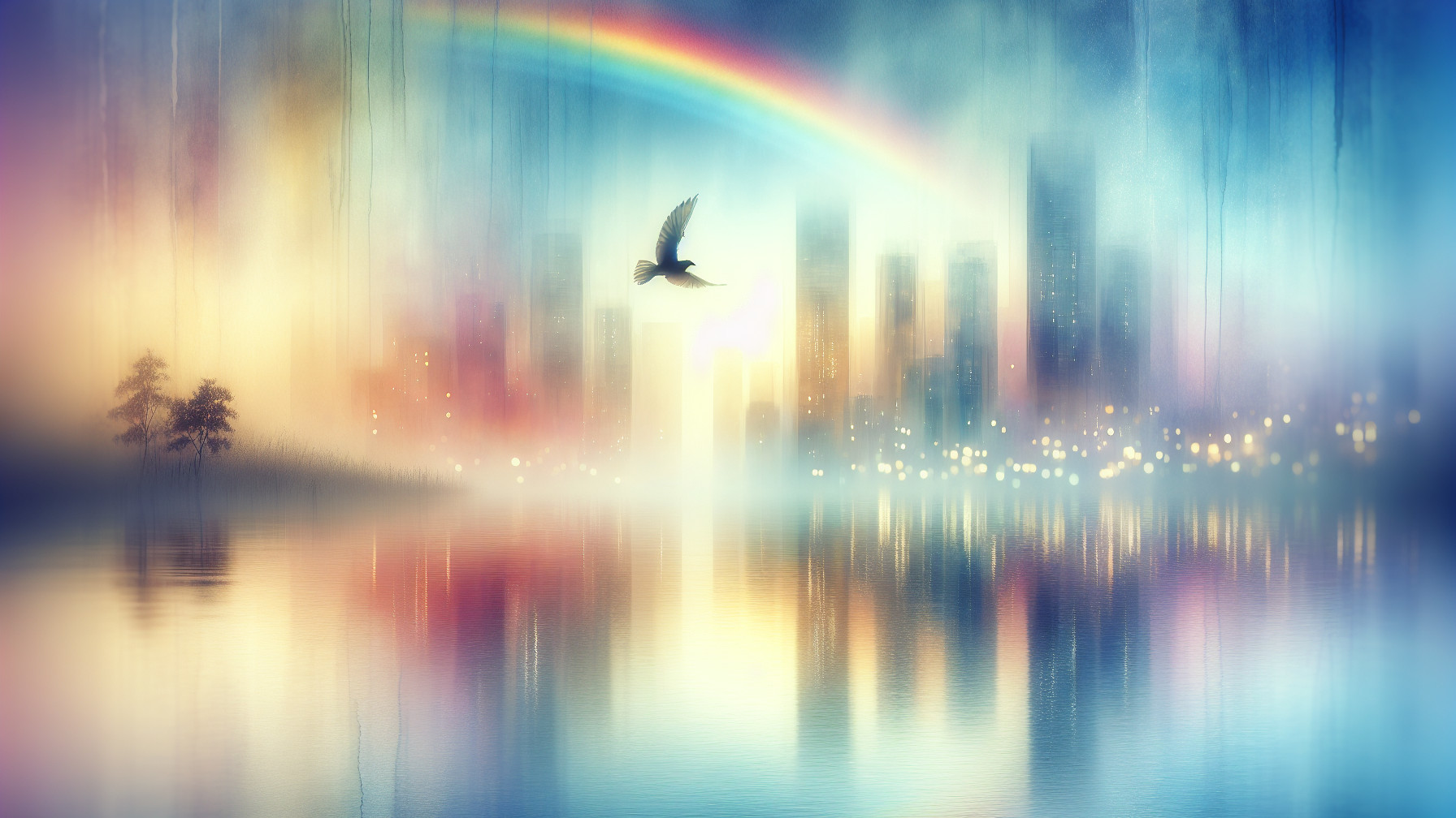 Serene Twilight City Skyline with Rainbow and Lake