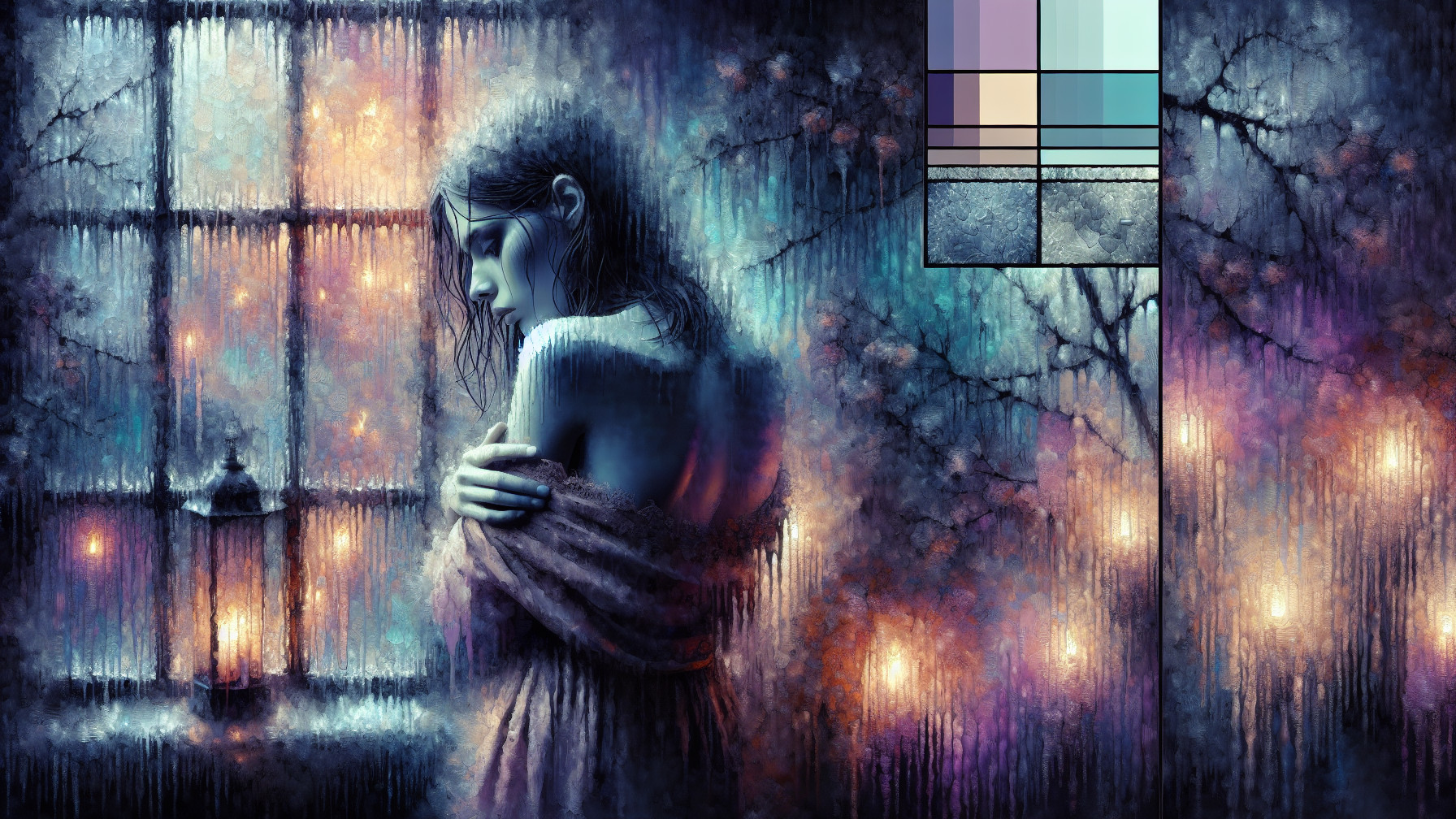 Solitary Figure by Frosty Window in Dreamlike Scene