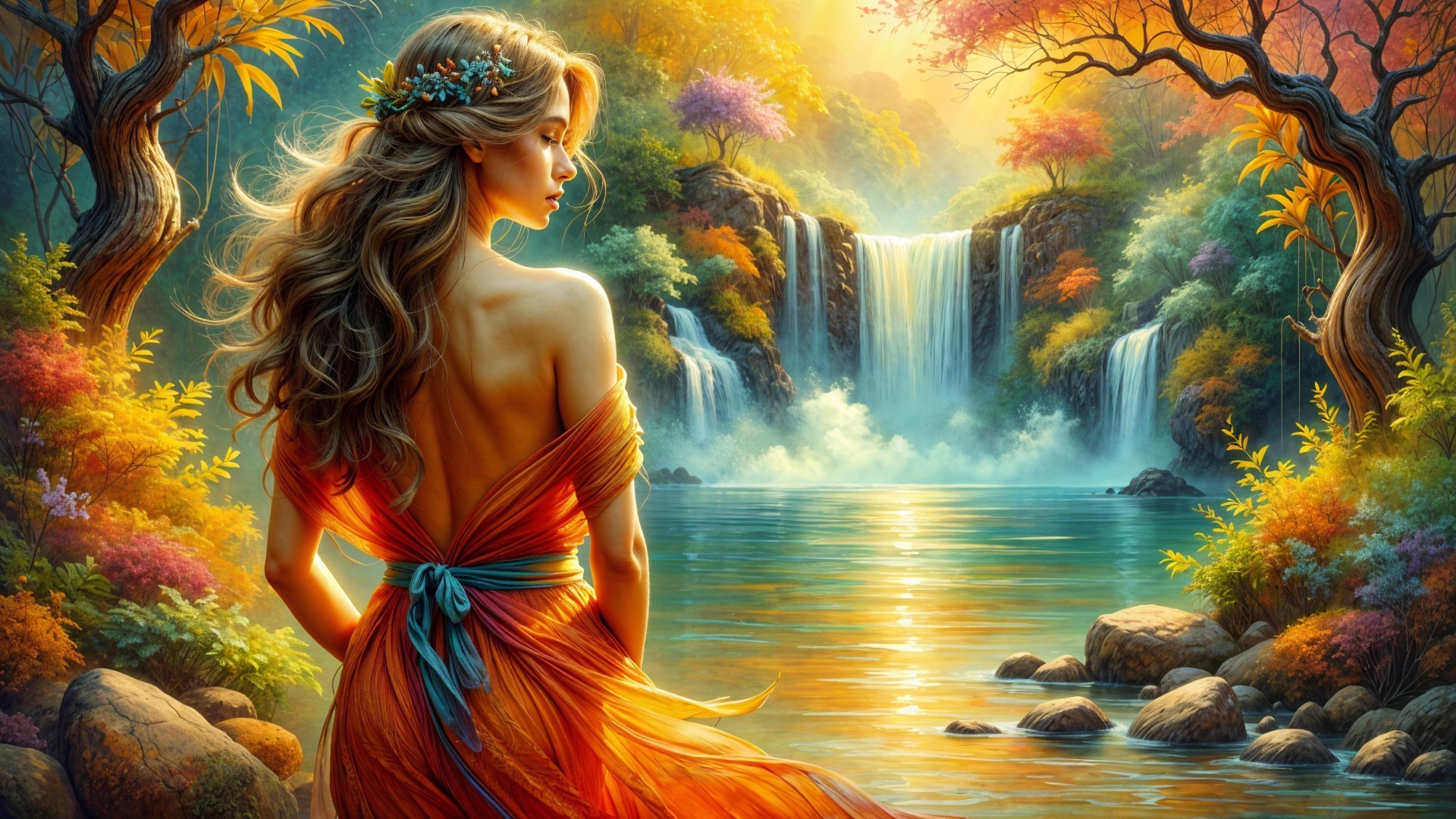 Serene Landscape with Waterfall and Vibrant Autumn Foliage