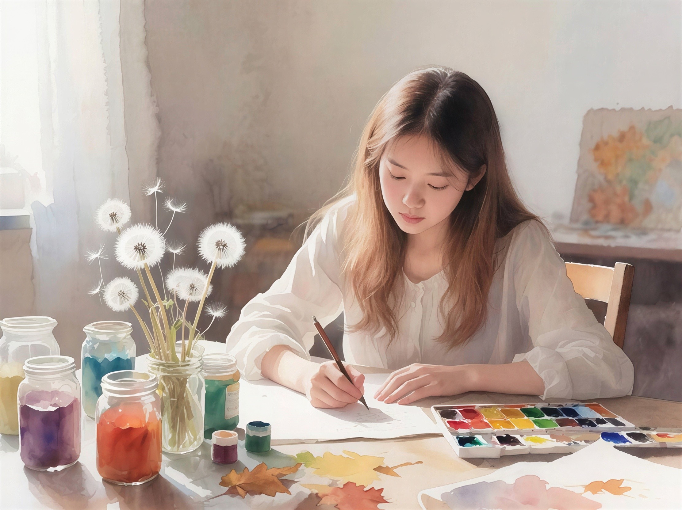 Watercolor Illustration of Woman Drawing at Table