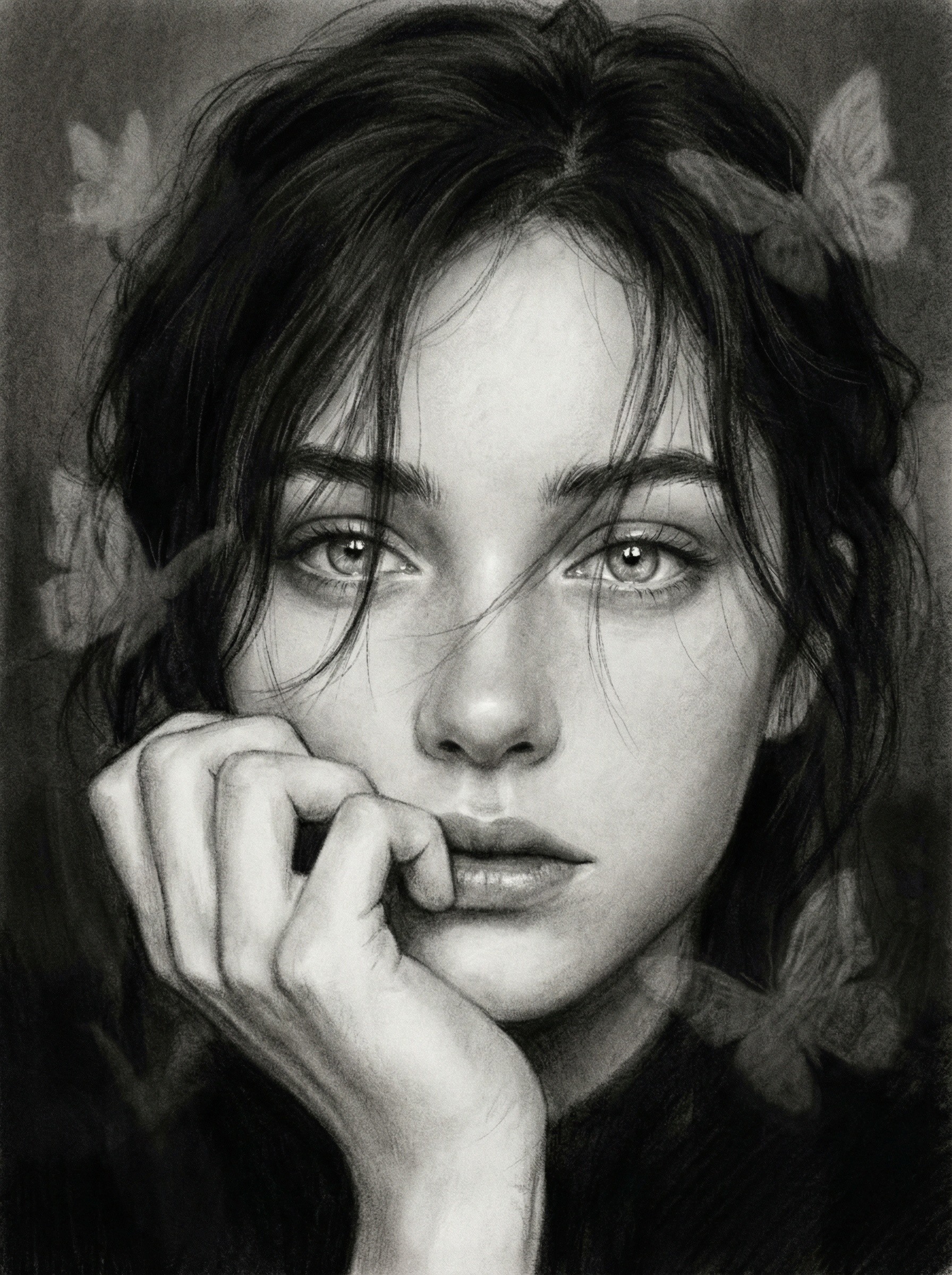 Charcoal Sketch of a Thoughtful Young Woman with Butterflies