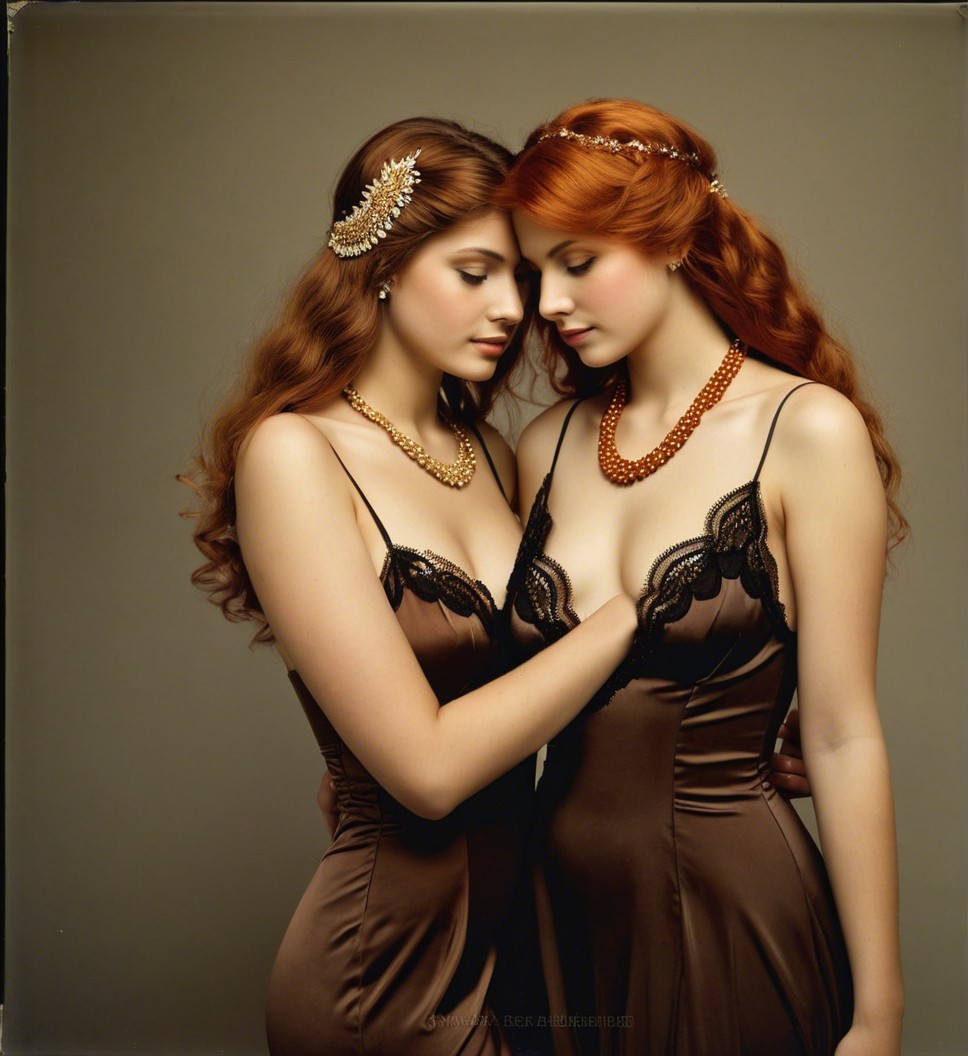 Two women in satin brown dresses with red hair