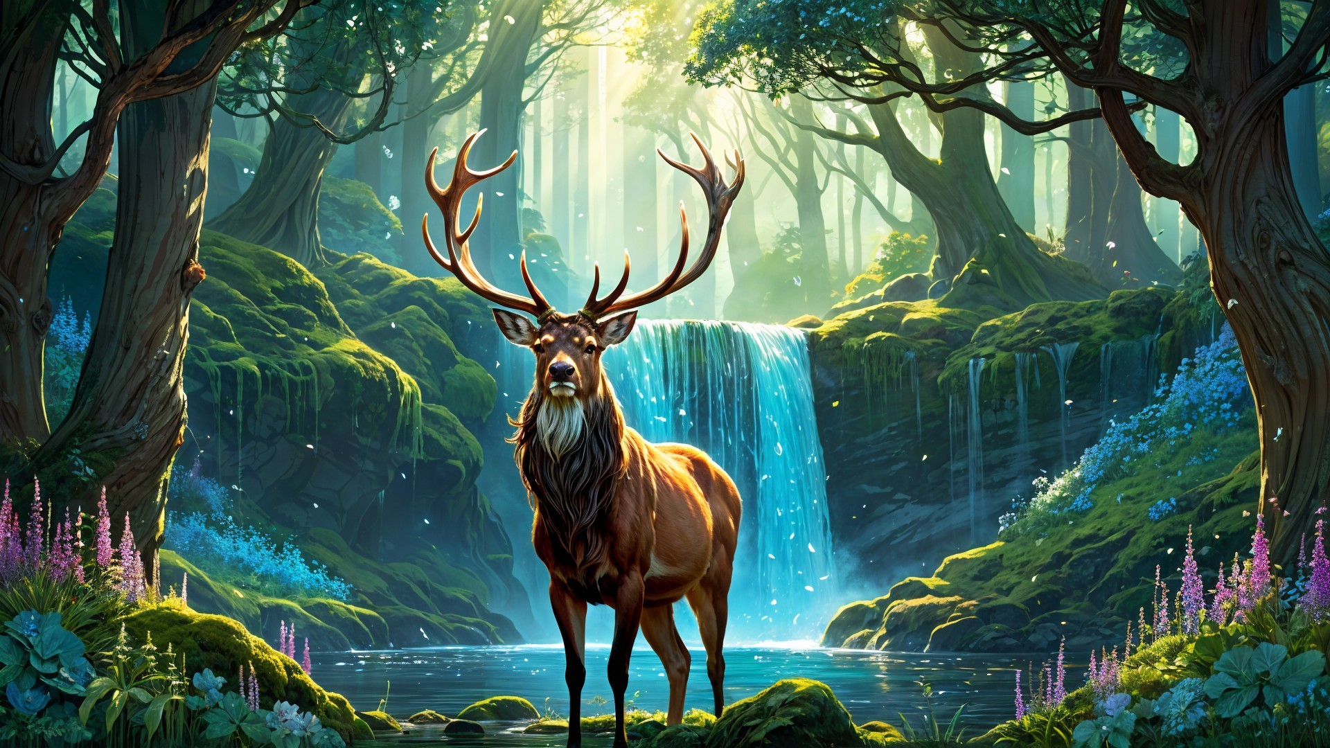 Majestic stag by serene waterfall in enchanted forest