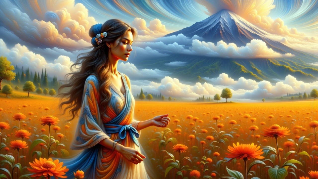 Woman in Dress Surrounded by Orange Flowers and Mountains