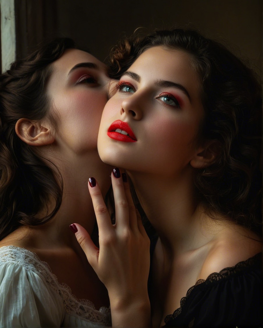 Two Women with Dramatic Makeup and Intimate Connection