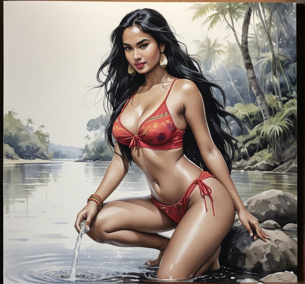 Woman in Red Bikini by Tranquil River and Greenery