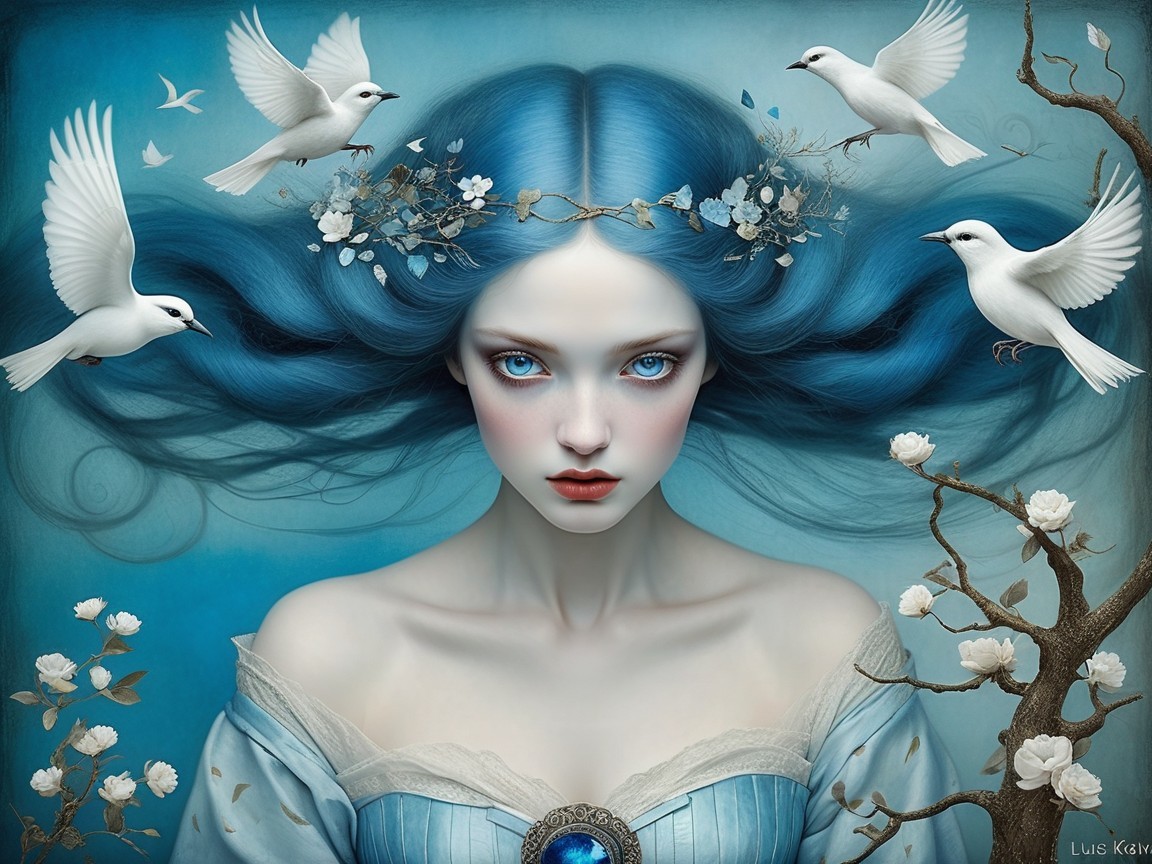 Serene Young Woman with Blue Hair and Elegant Dress