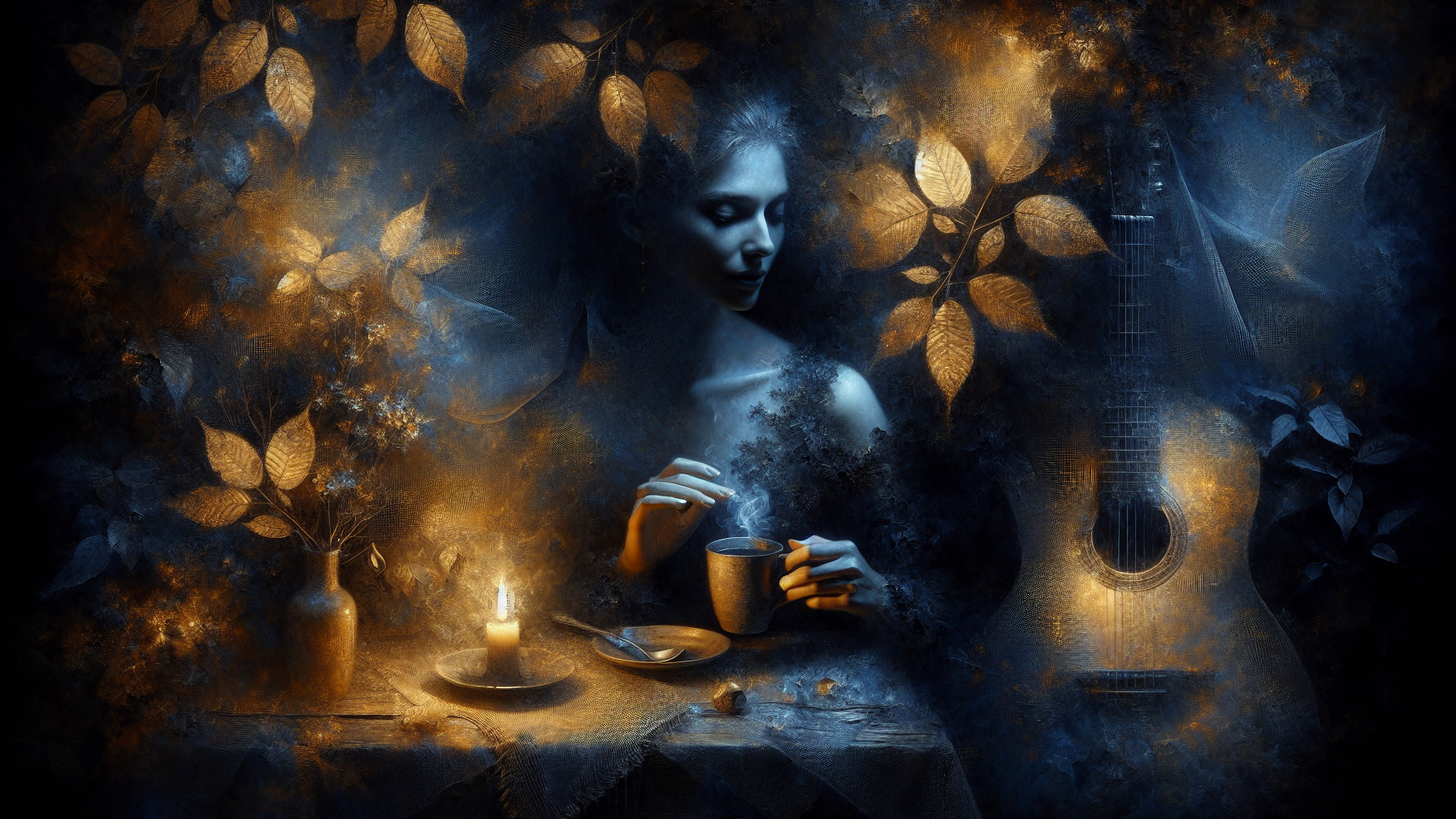 Serene Scene with Woman, Cup, and Ethereal Foliage