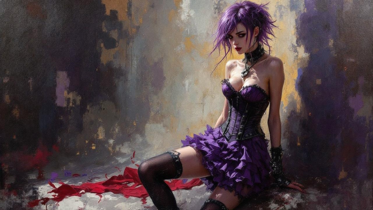 Elegant figure with purple hair in gothic attire
