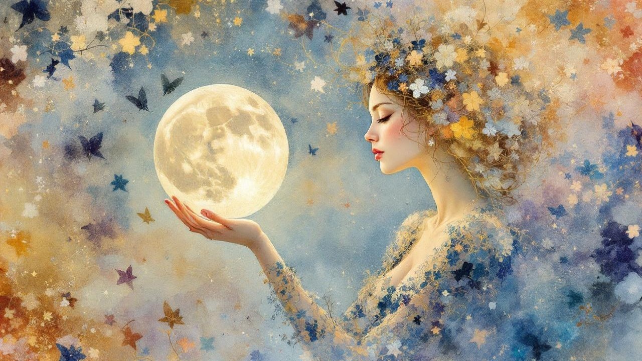 Serene Woman Cradling Moon in Dreamy Landscape