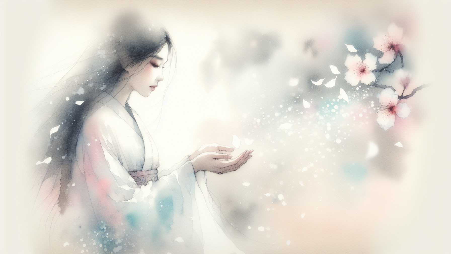 Young Woman in White Garment Surrounded by Cherry Blossoms