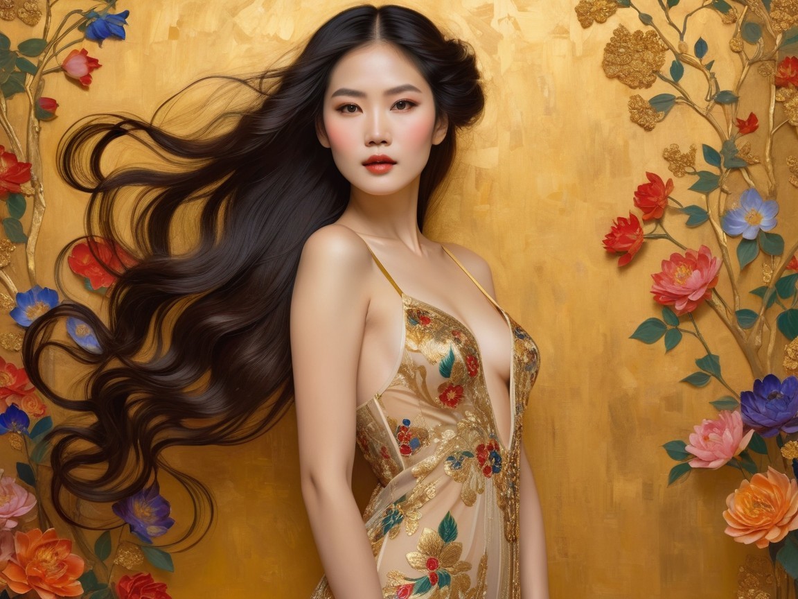 Elegant Woman in Floral Gown Against Golden Background