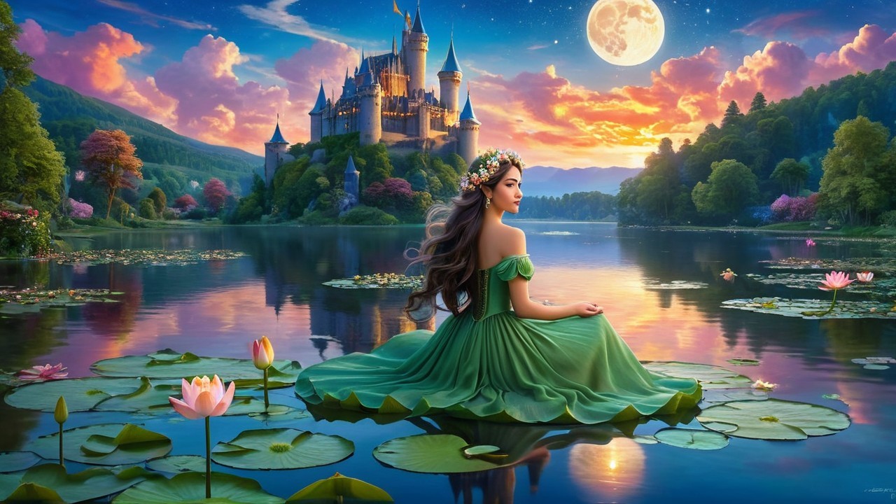 Young Woman on Lily Pad with Castle and Lotus Flowers