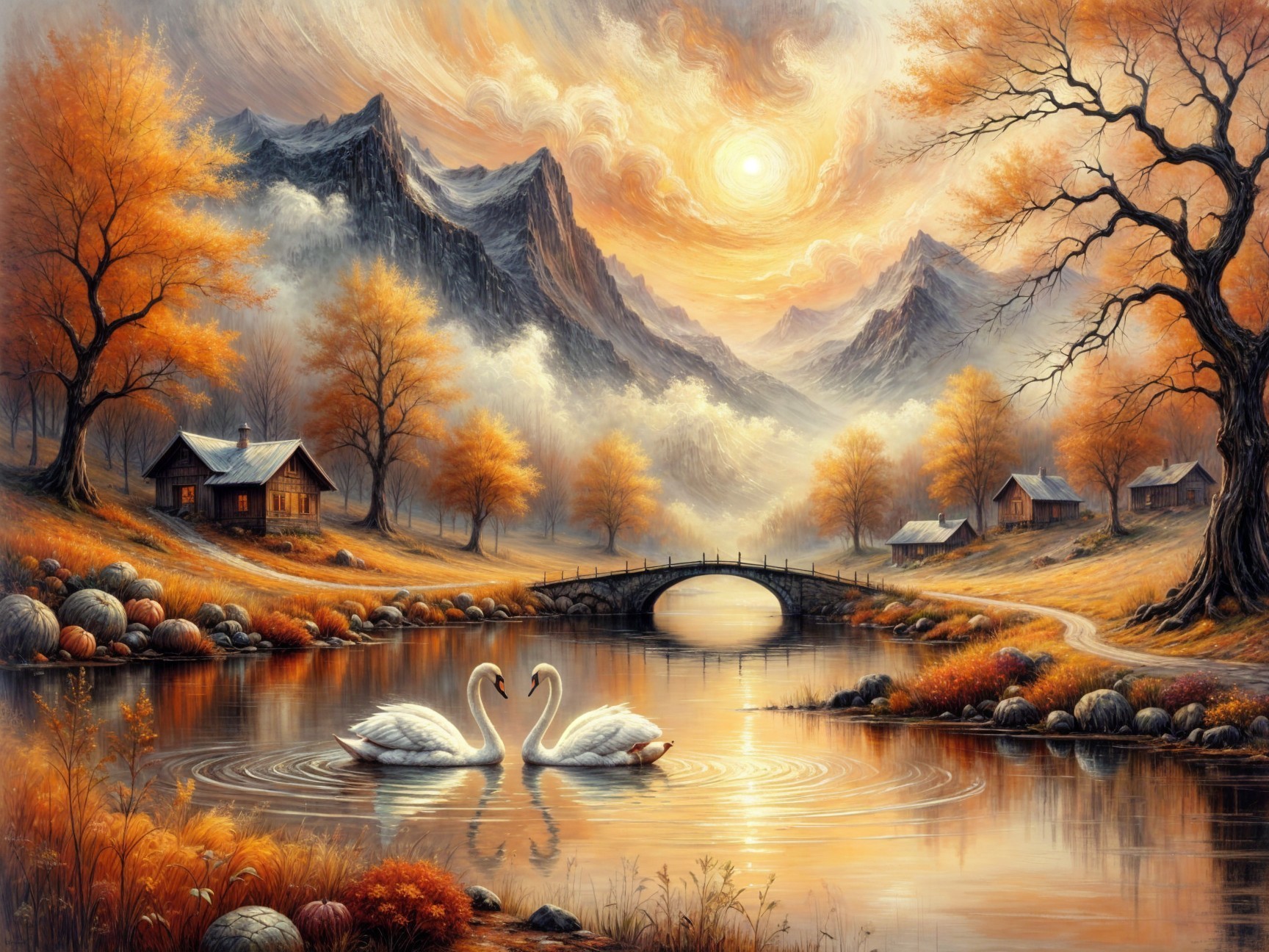 Serene Autumn Landscape with River and Swans