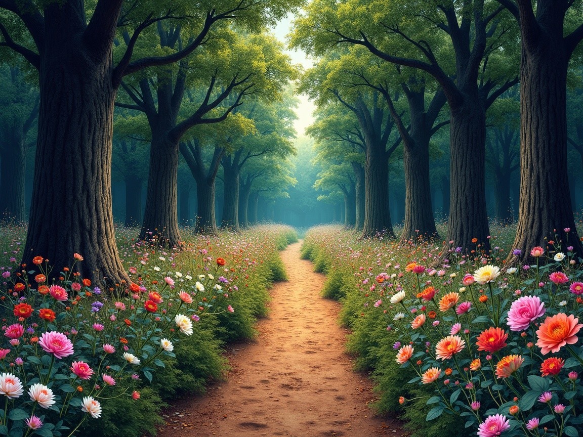 Serene Forest Path Surrounded by Colorful Flowers