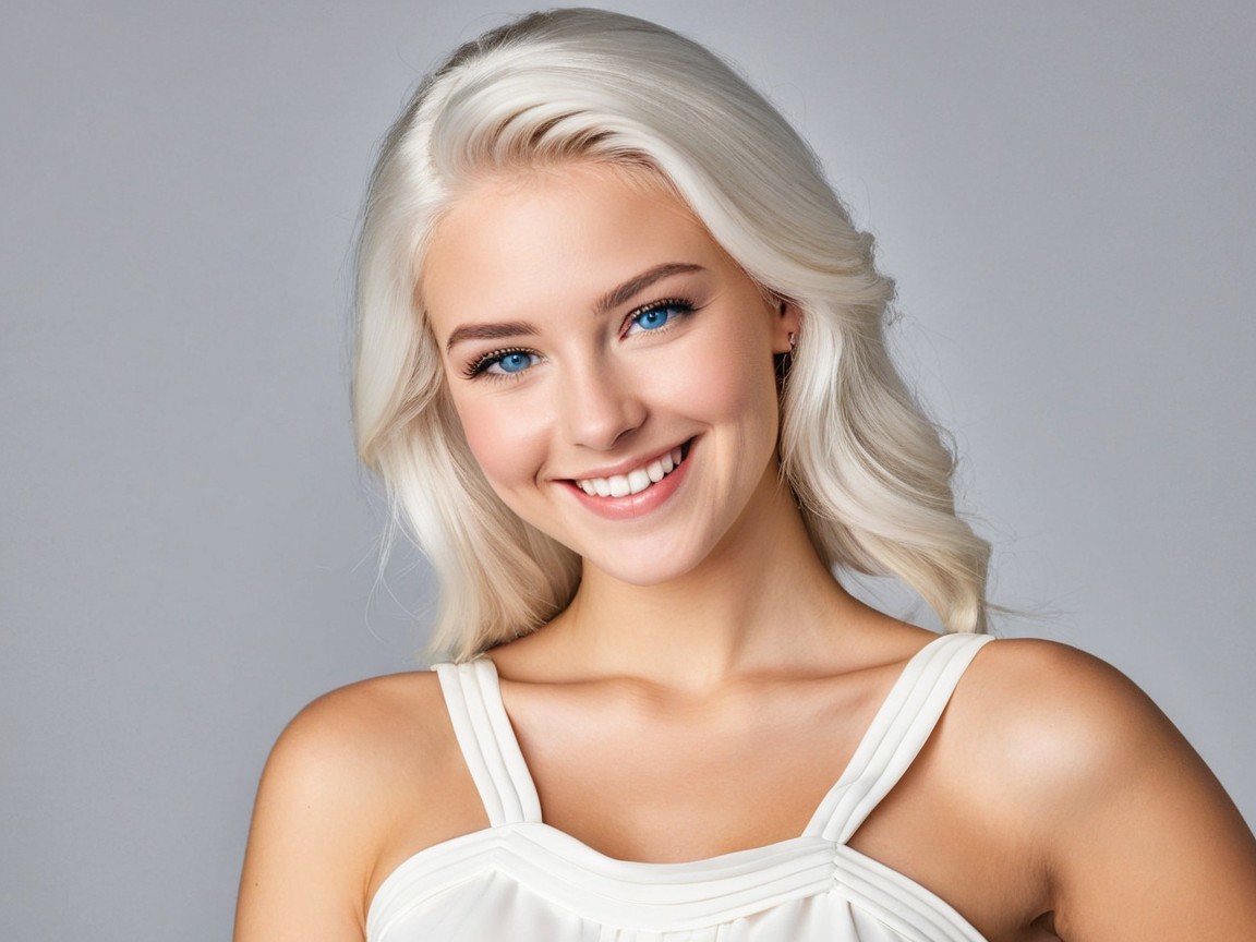 Young woman with blonde hair and bright blue eyes