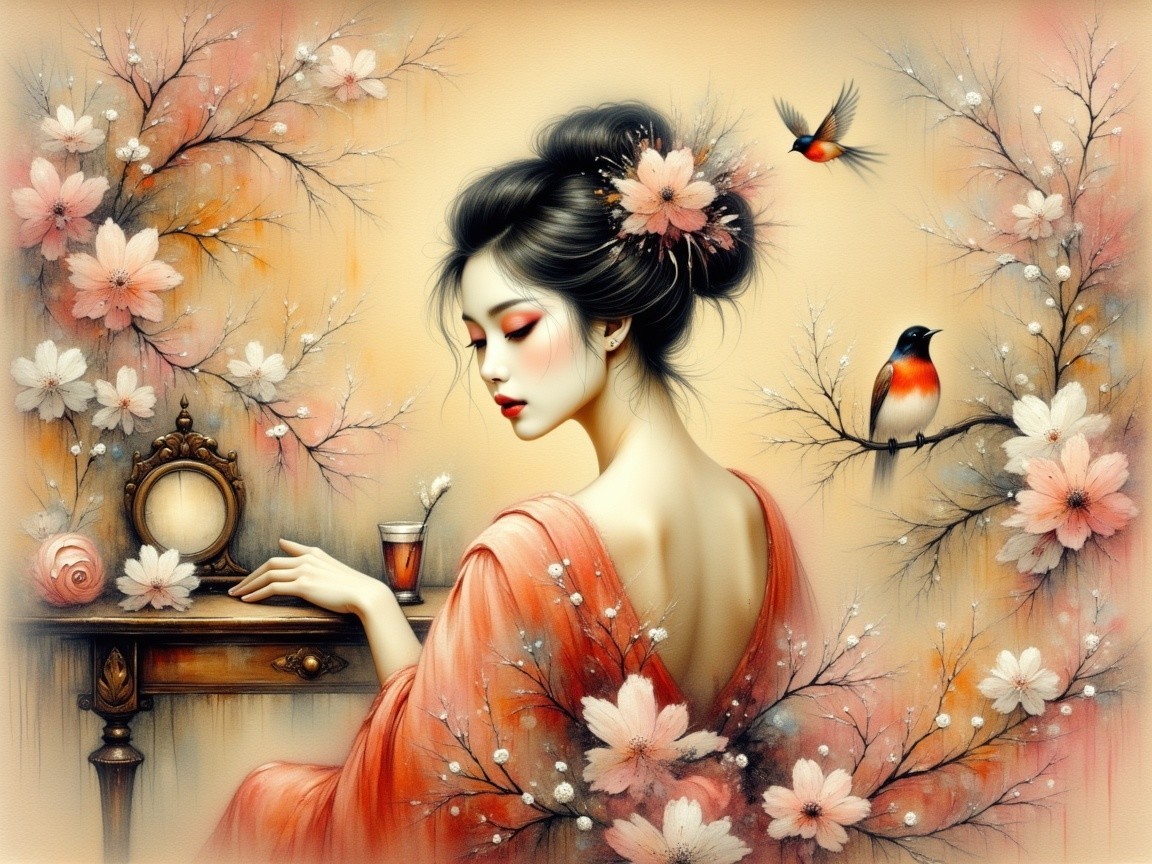 Elegant Woman in Orange Robe Surrounded by Nature