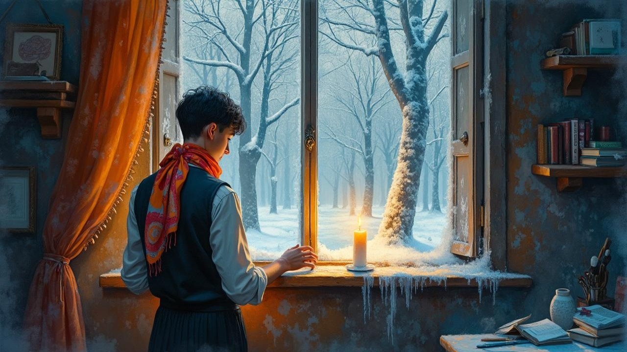 Young Person Gazing at Frosty Winter Landscape