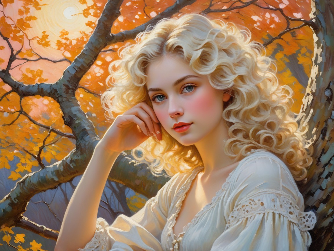 Young Woman in Autumn Scene with Soft Curly Hair