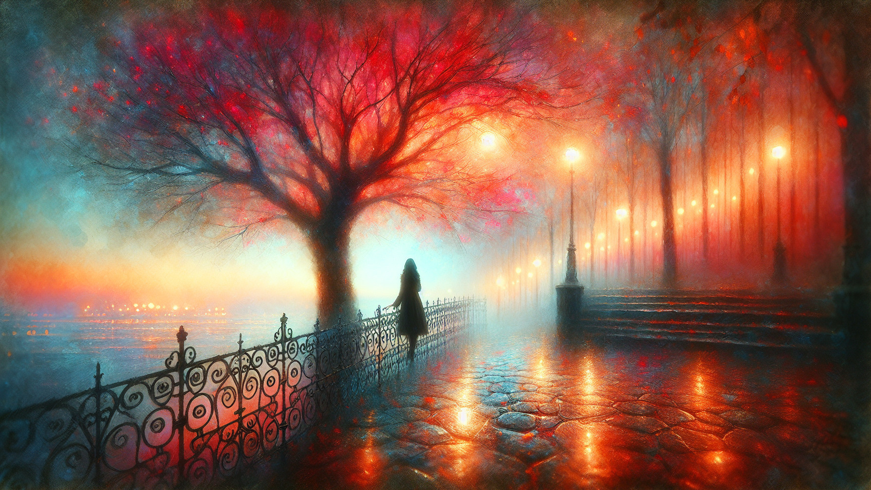 Autumn Scene with Figure on Misty Promenade