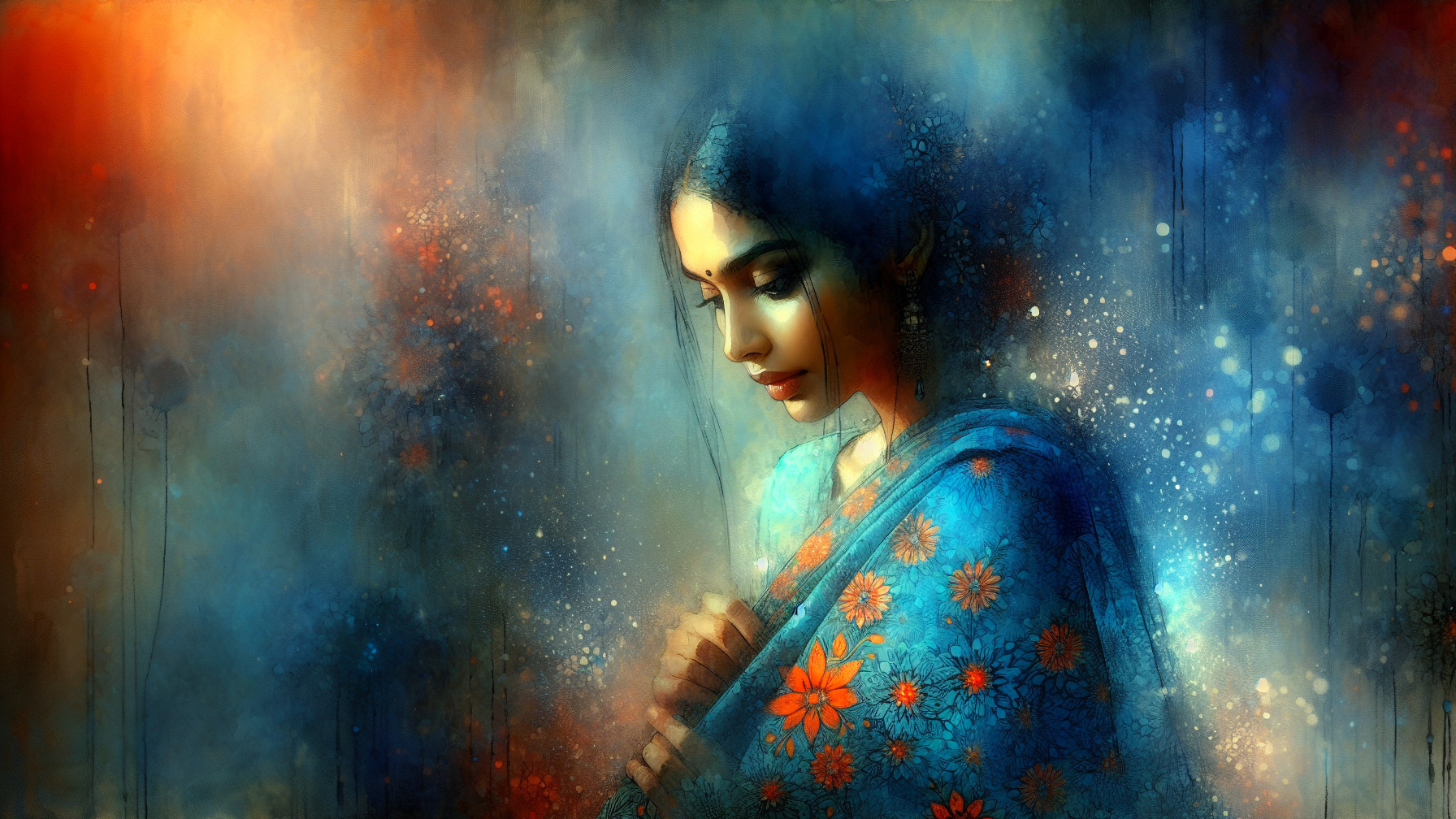 Portrait of a woman in a blue saree with floral patterns