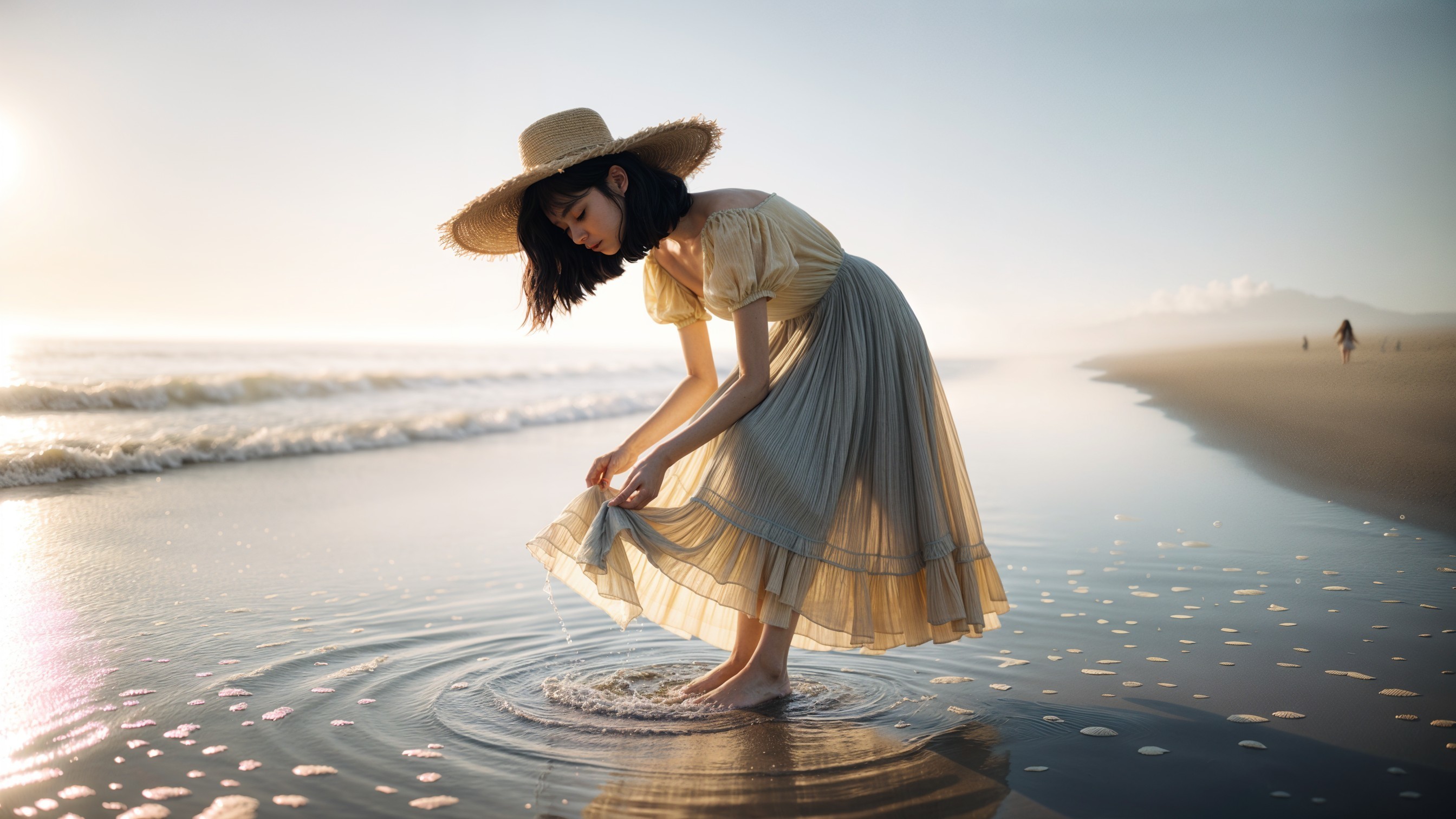 Young woman in flowing dress at serene beach shore