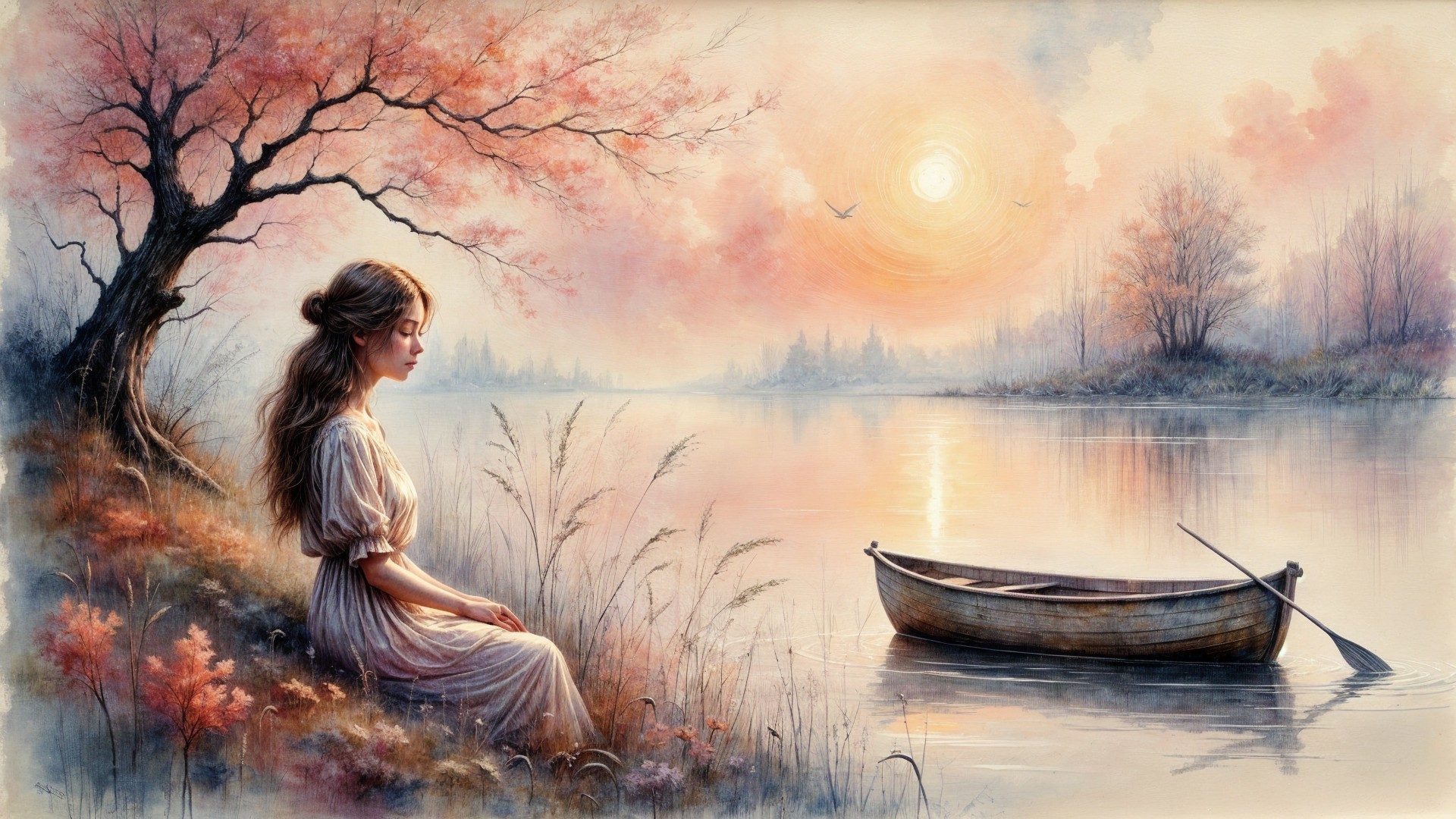 Serene Landscape with Woman by Tranquil River at Sunset