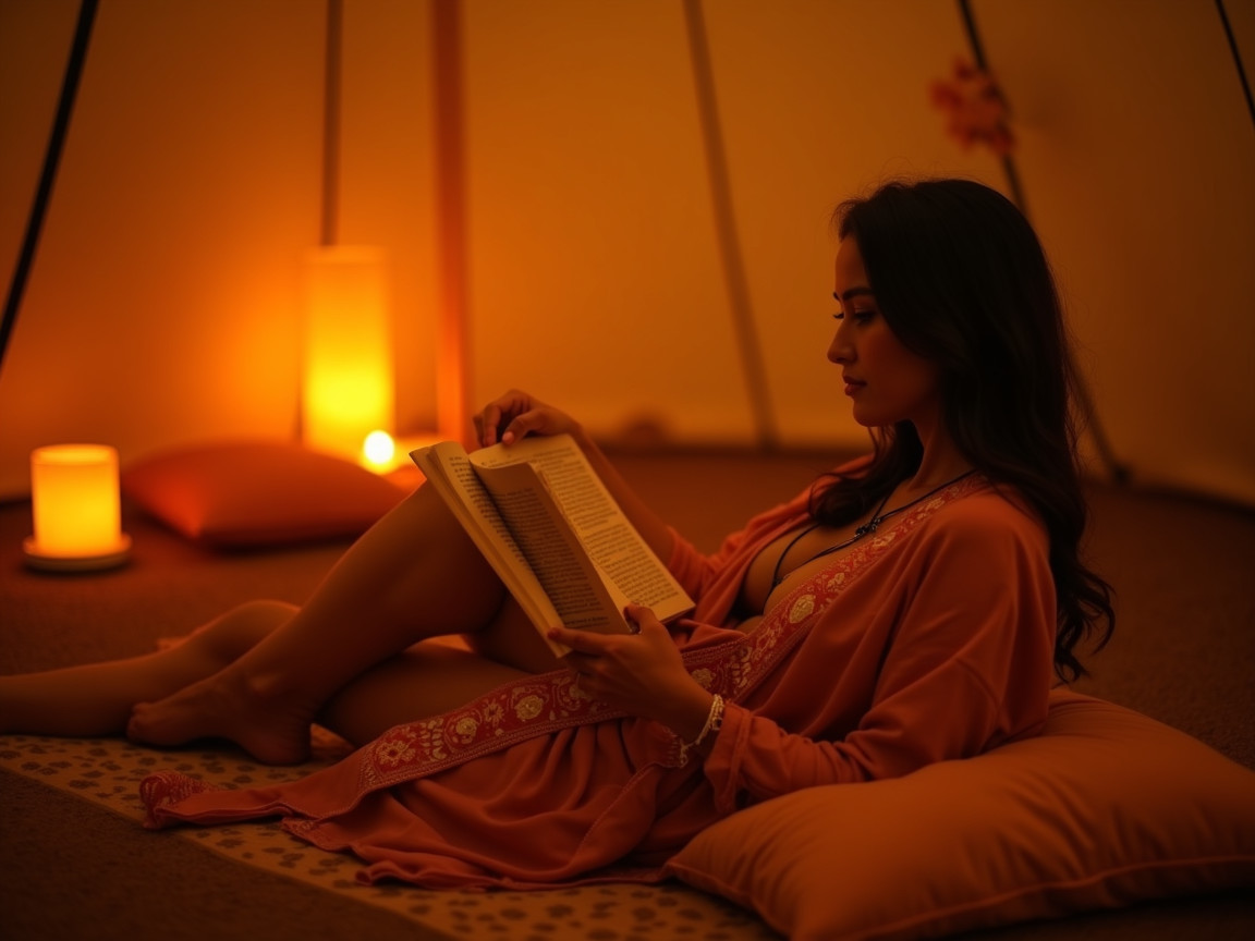 Woman Reading in Cozy Tent with Warm Lighting
