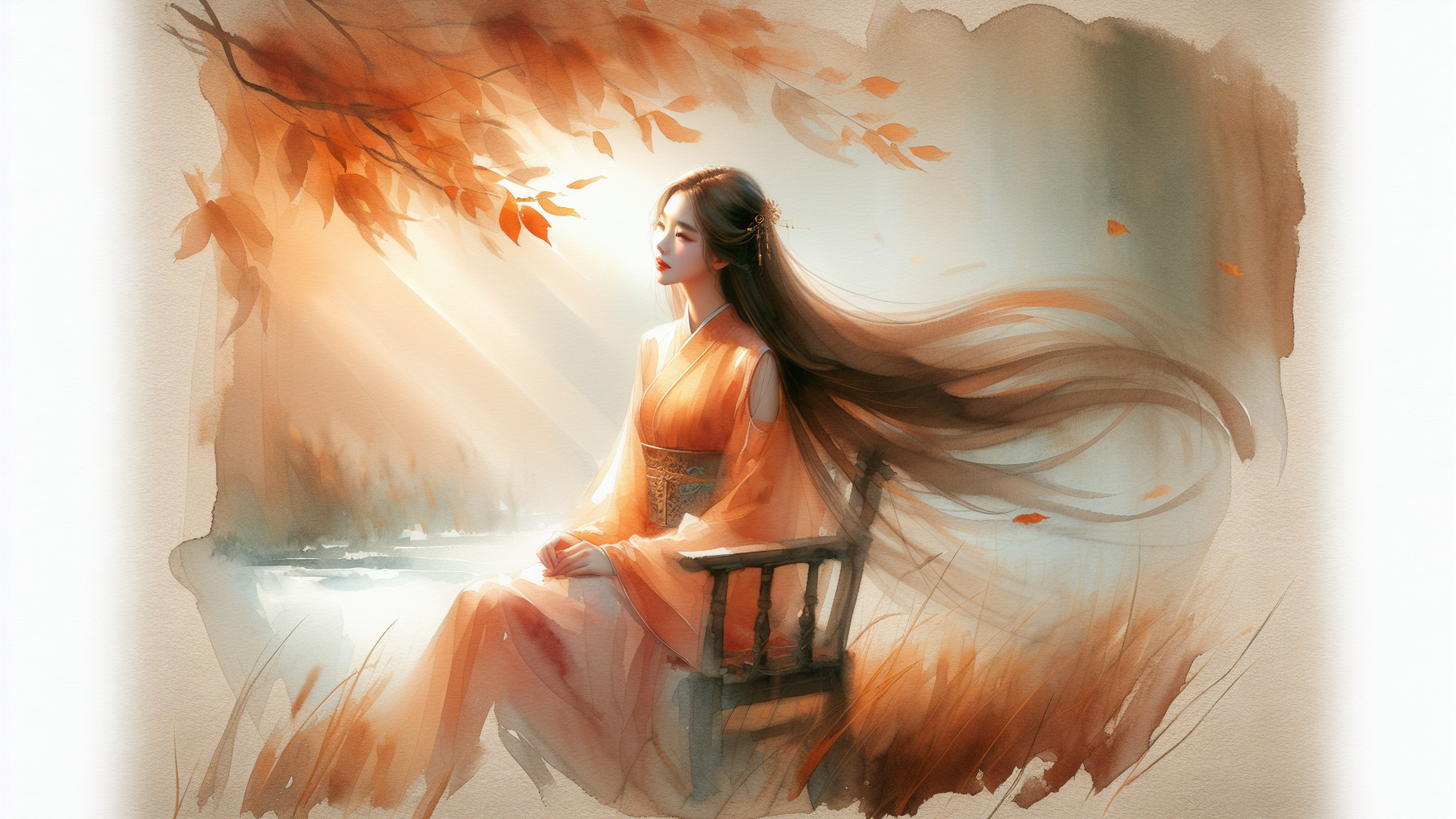 Young Woman in Orange Hanfu Amid Autumn Leaves