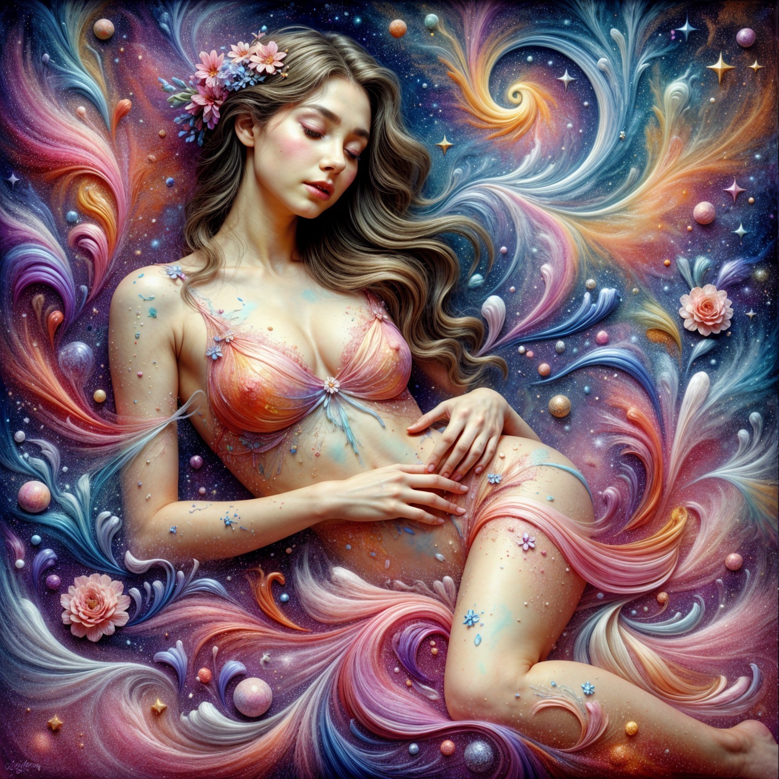 Ethereal Woman in Cosmic Floral Setting