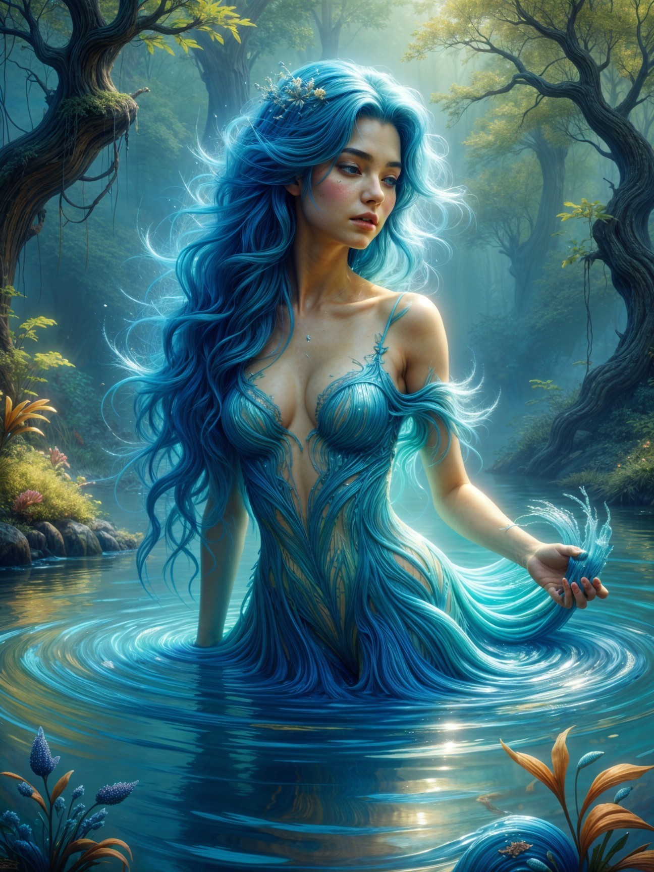 Mystical Figure in Enchanted Forest by Shimmering Pool