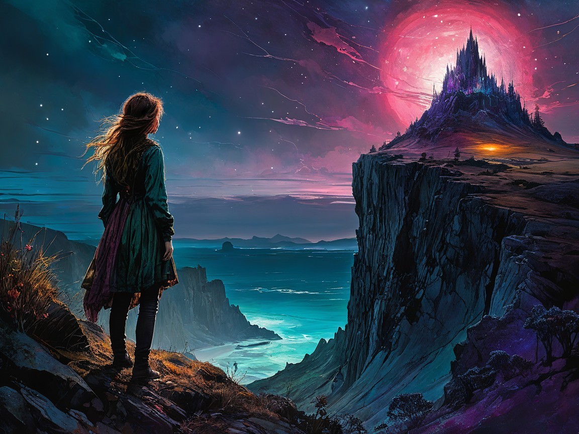 Person on Cliff Overlooking Fantastical Twilight Landscape