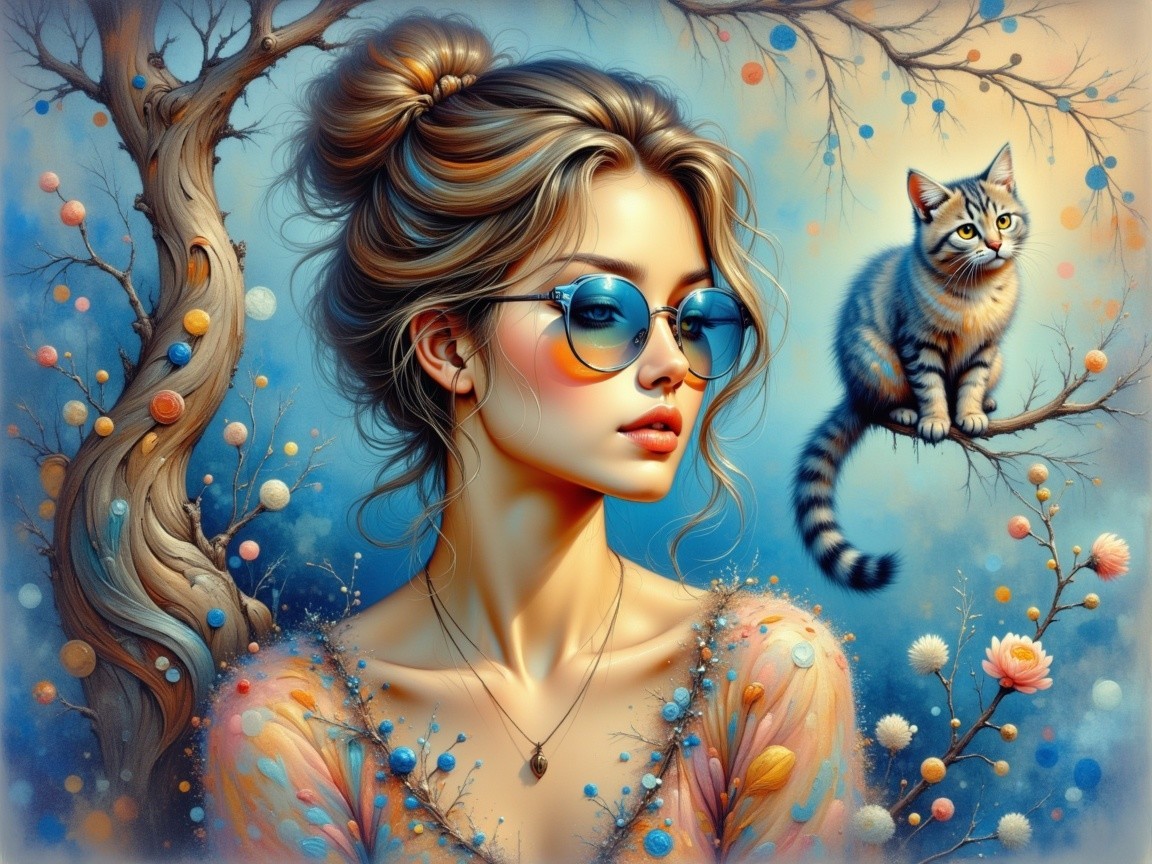 Portrait of a woman with blue sunglasses and a cat