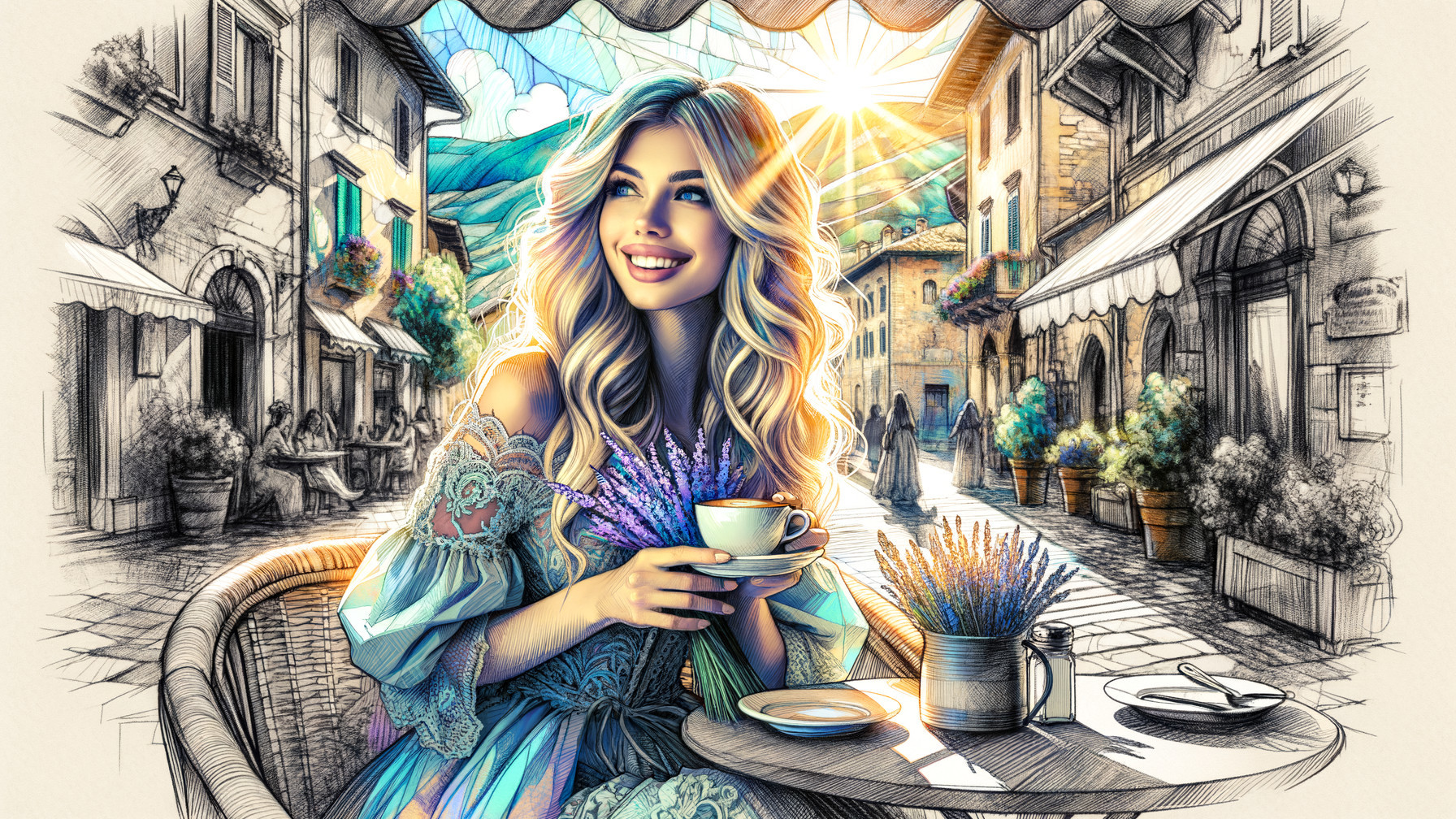 Cheerful woman at café with coffee and flowers