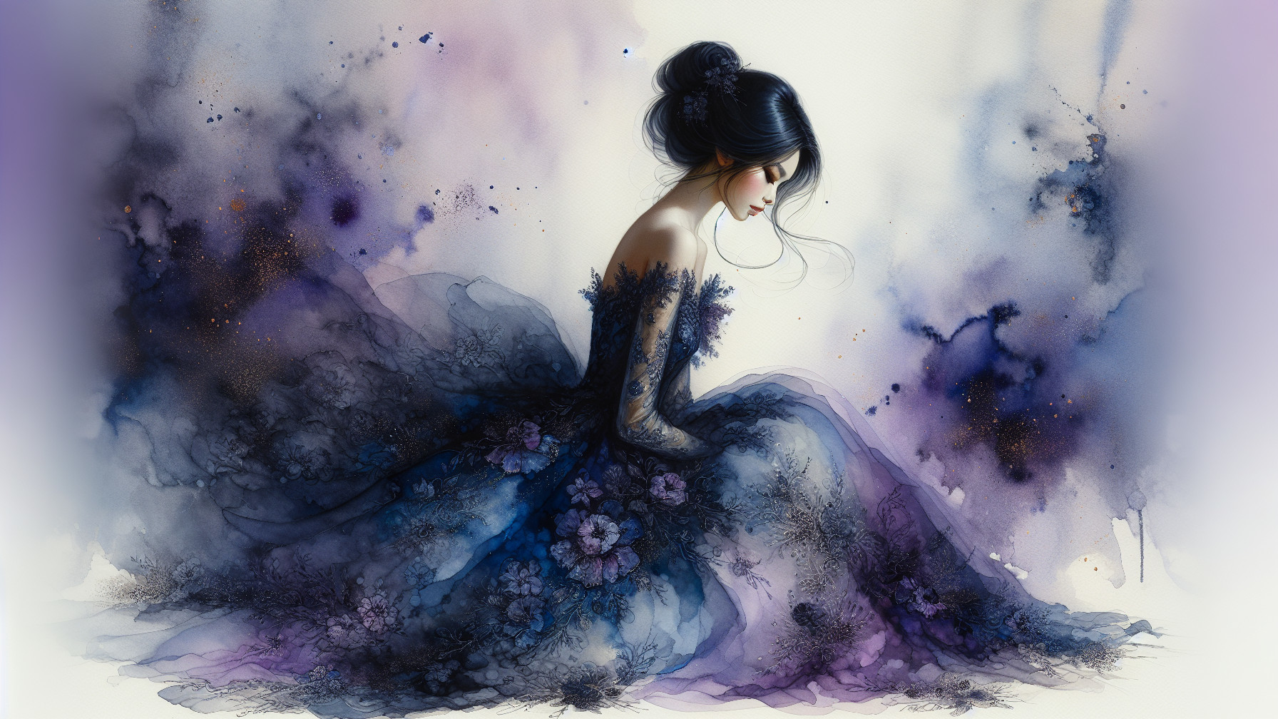 Elegant gown in watercolor hues of blue and purple