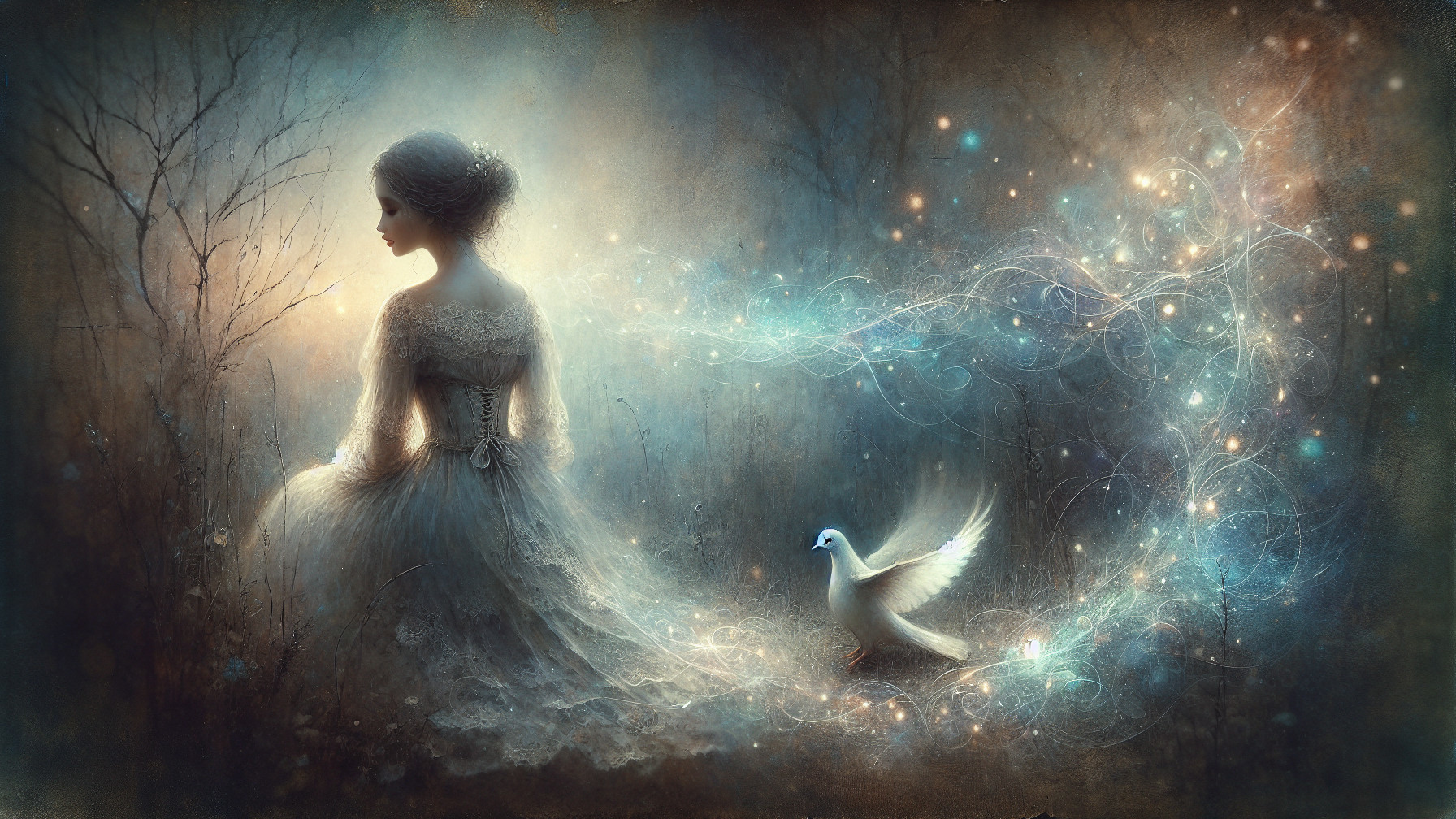 Ethereal Woman in Misty Landscape with Dove