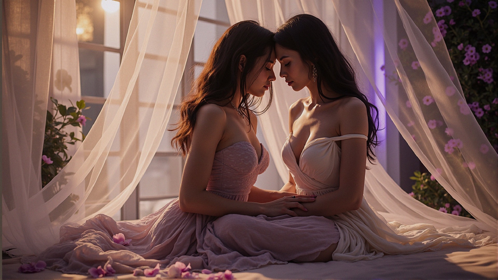 Two Women in Elegant Gowns Sharing an Intimate Moment
