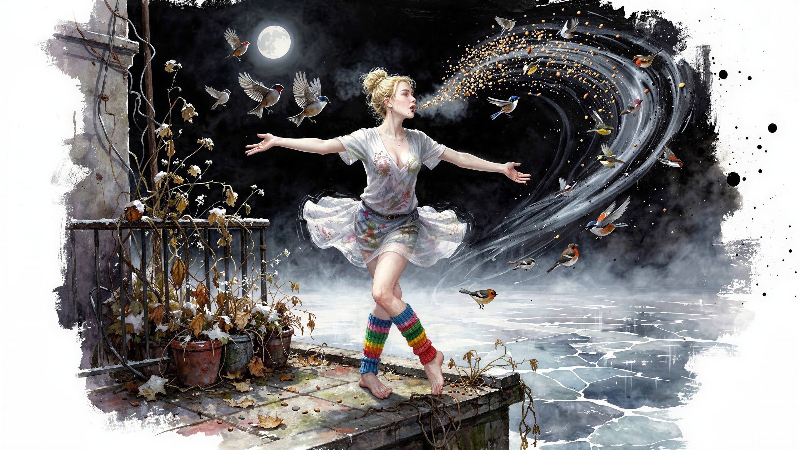 Watercolor Painting of Woman on Balcony under Moonlight