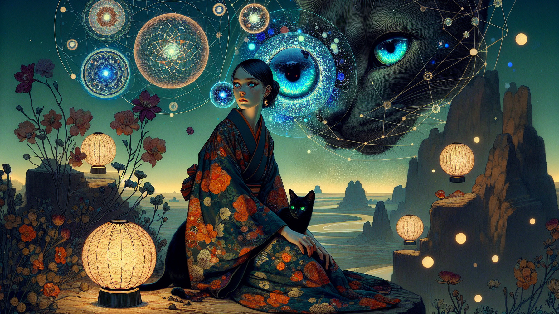 Serene woman in vibrant kimono with black cat and orbs