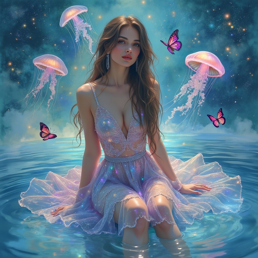 Young woman in sparkling outfit among jellyfish and butterflies