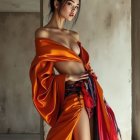 Elegant Woman in Vibrant Red and Orange Outfit