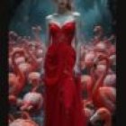 Woman in Red Gown Surrounded by Flamingos