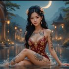 Serene Night Scene with Woman in Gold Dress and Lanterns