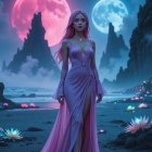 Futuristic Figure in Pink Latex with Moonlit Landscape