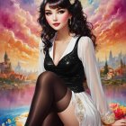 Glamorous Woman Posed on Colorful Flower Backdrop