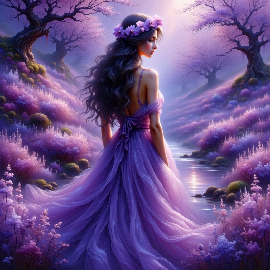 Dreamlike Landscape with Woman in Lavender Gown