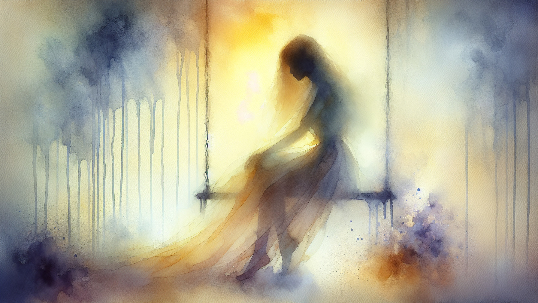 Watercolor Painting of Woman on Swing in Soft Hues