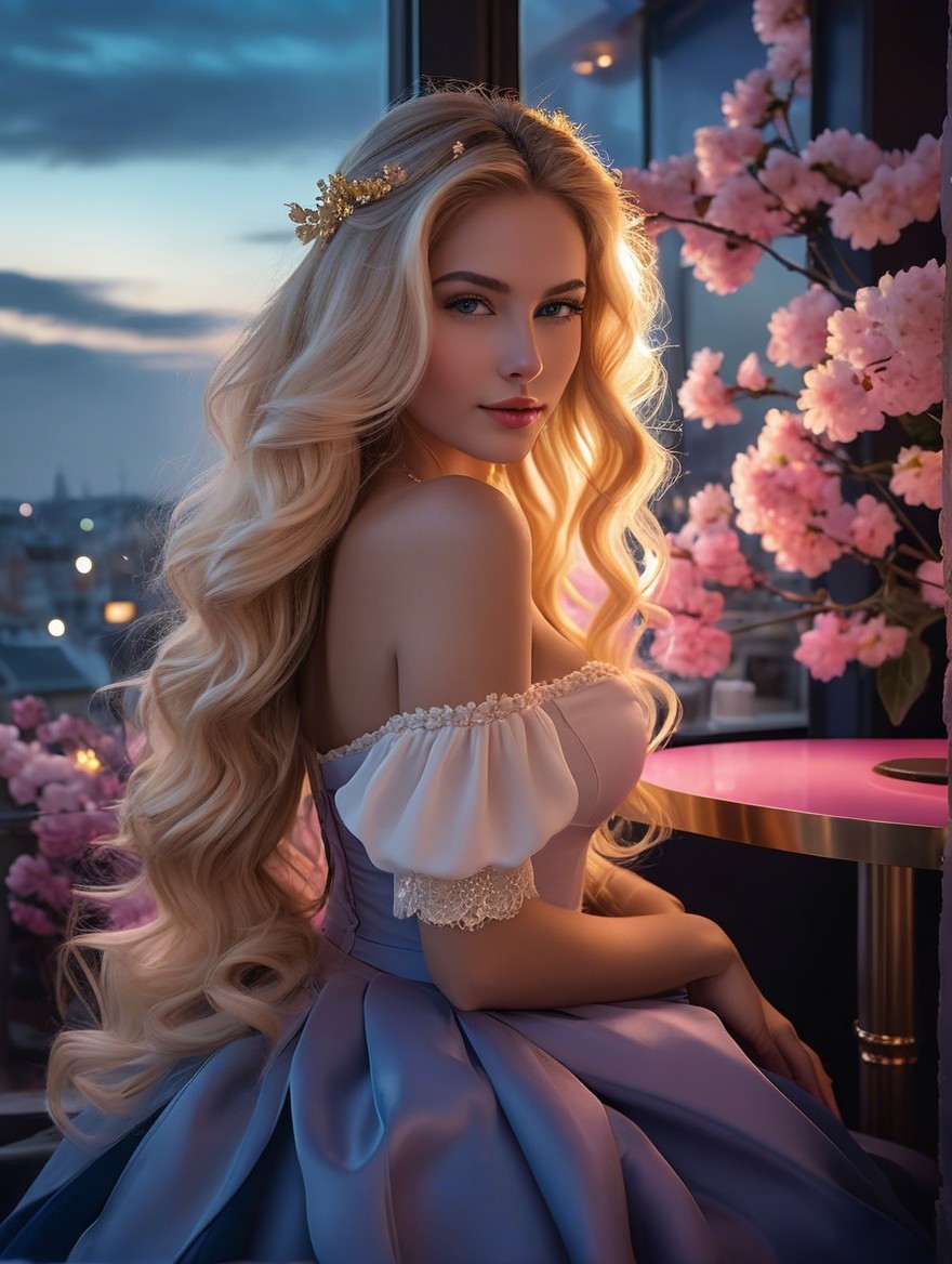 Young woman by window with cherry blossoms at twilight