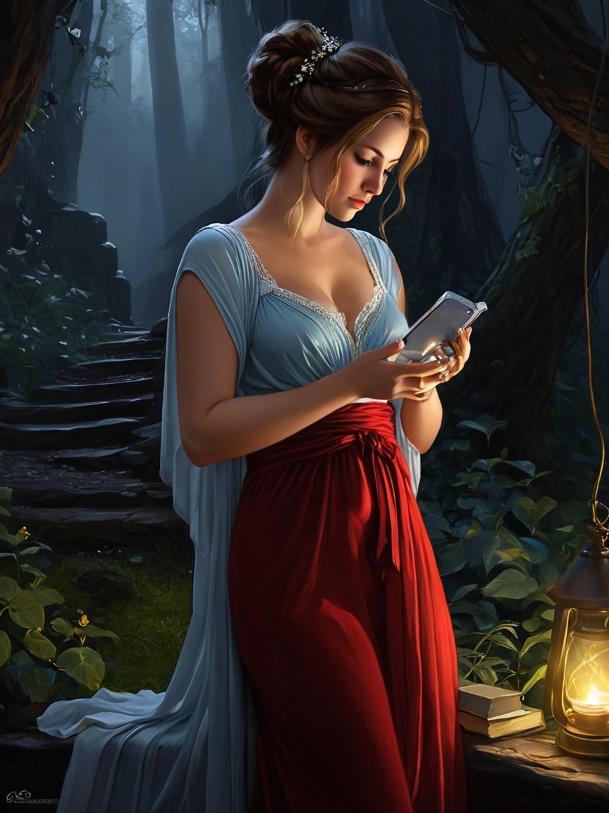 Young Woman in Mystical Forest with Smartphone